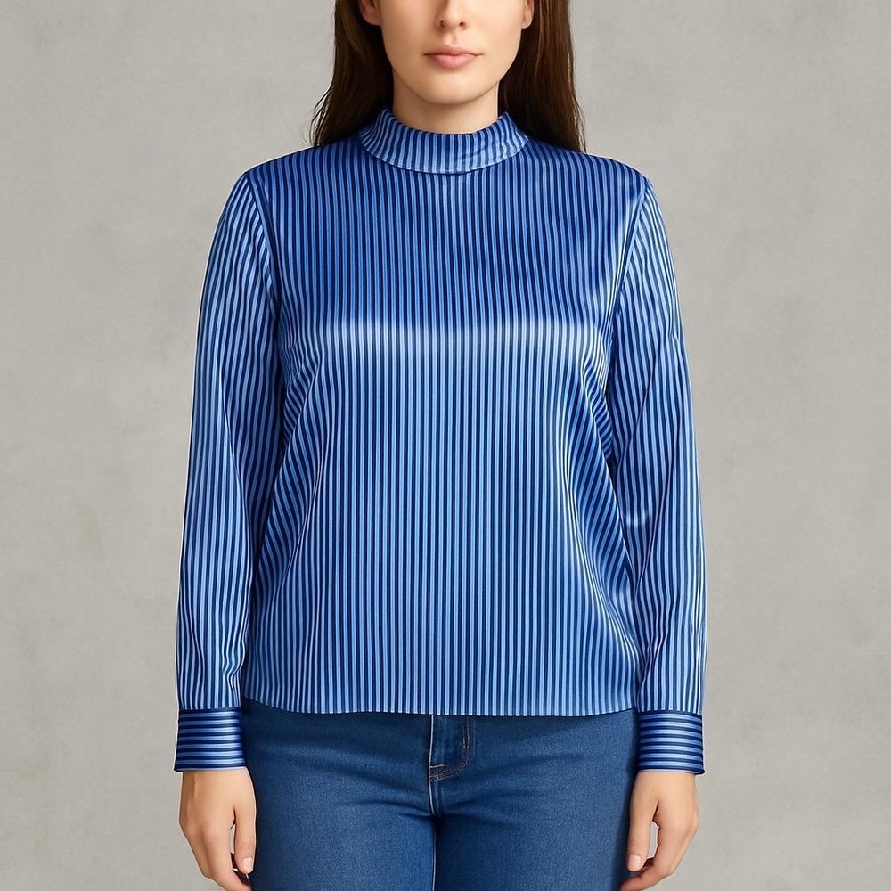 Ted Baker 2 US S Leynta Mock Neck Blue Navy Striped Long Sleeve‎ Blouse